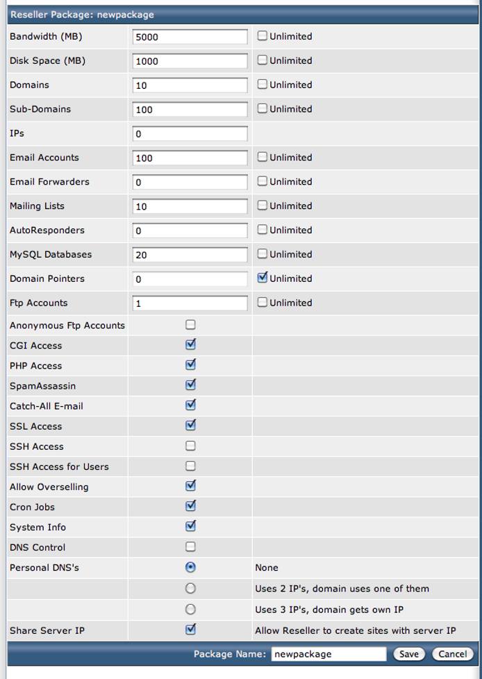 DirectAdmin Add Package screen. DirectAdmin Add Package screen.
