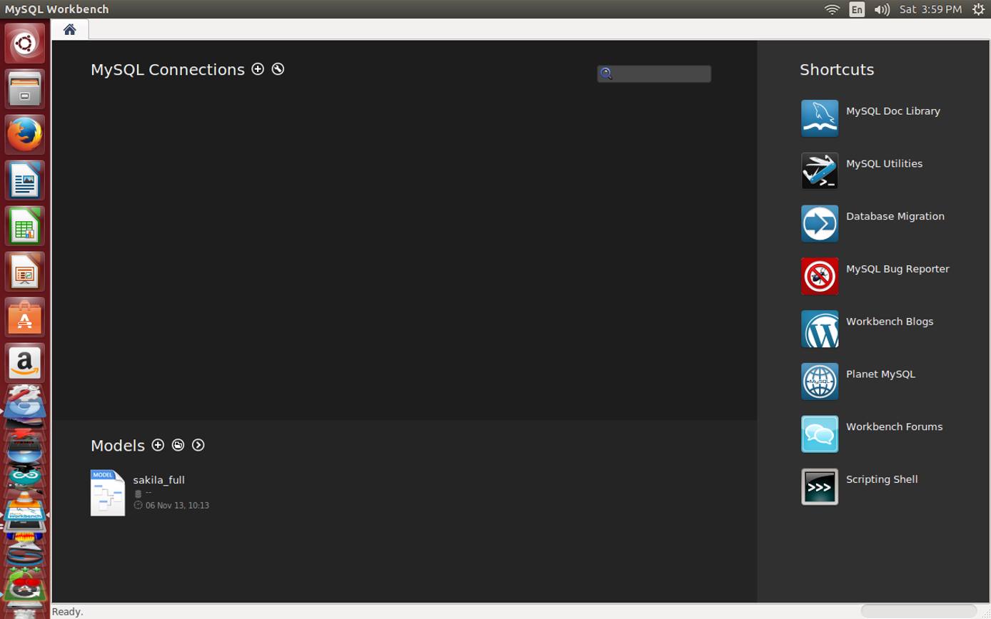 MySQL Workbench’s home screen immediately after installation. MySQL Workbench’s home screen immediately after installation.