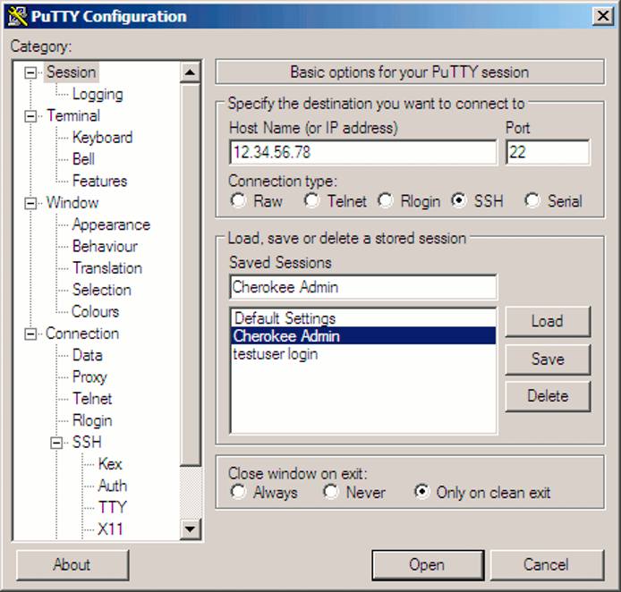 Saving an SSH session for Cherokee administration in PuTTY. Saving an SSH session for Cherokee administration in PuTTY.