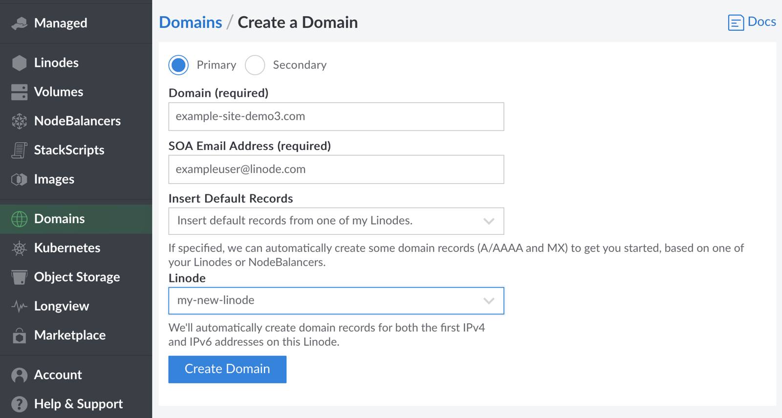 This page lets you add a new domain
