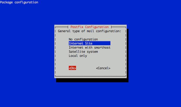 Selecting the Postfix mail server configuration type on an Ubuntu 9.04 (Jaunty) Linode. Selecting the Postfix mail server configuration type on an Ubuntu 9.04 (Jaunty) Linode.