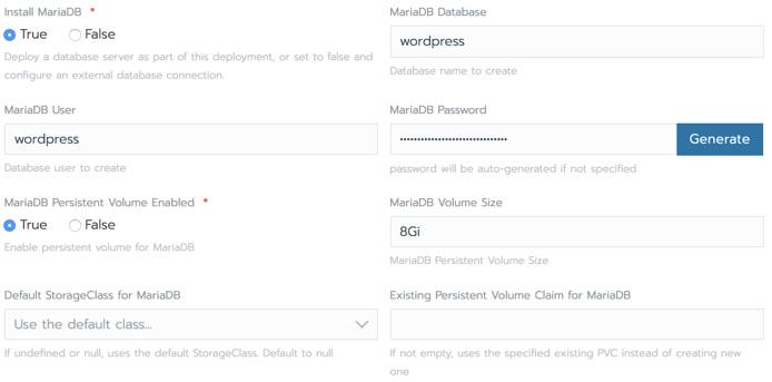 Rancher WordPress form - Database Settings