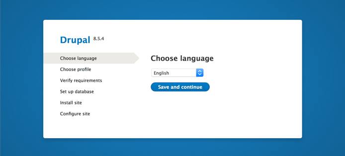 Drupal setup screen in the web browser - 'Choose language' page Drupal setup screen in the web browser - ‘Choose language’ page