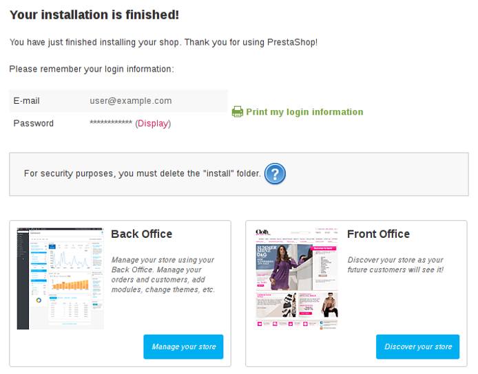 PrestaShop Installation Completed PrestaShop Installation Completed