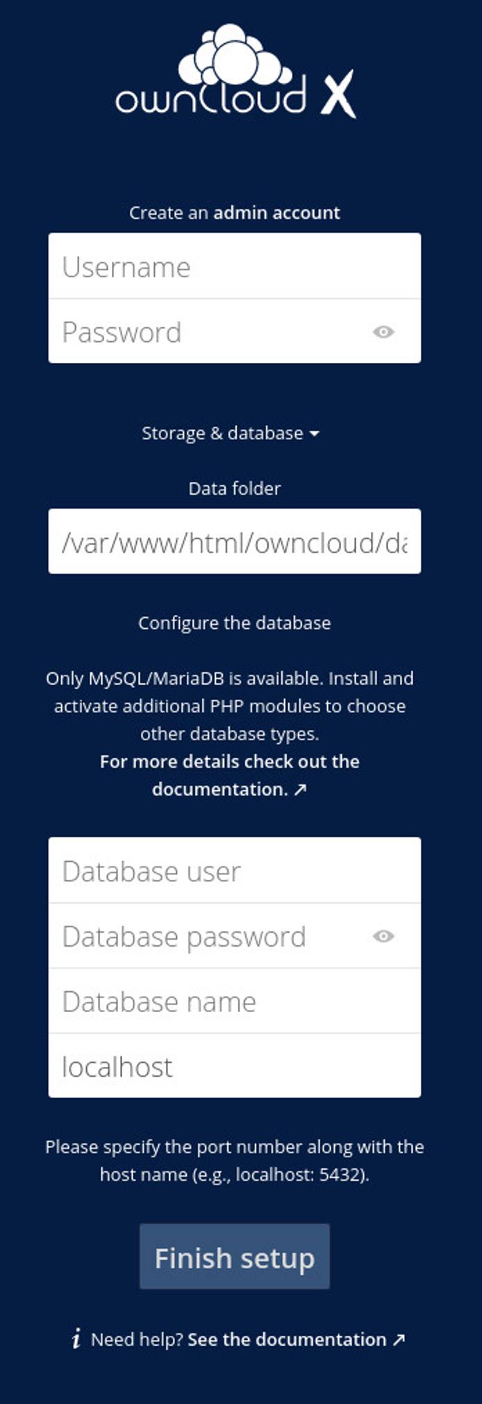 The database details section for the ownCloud installation