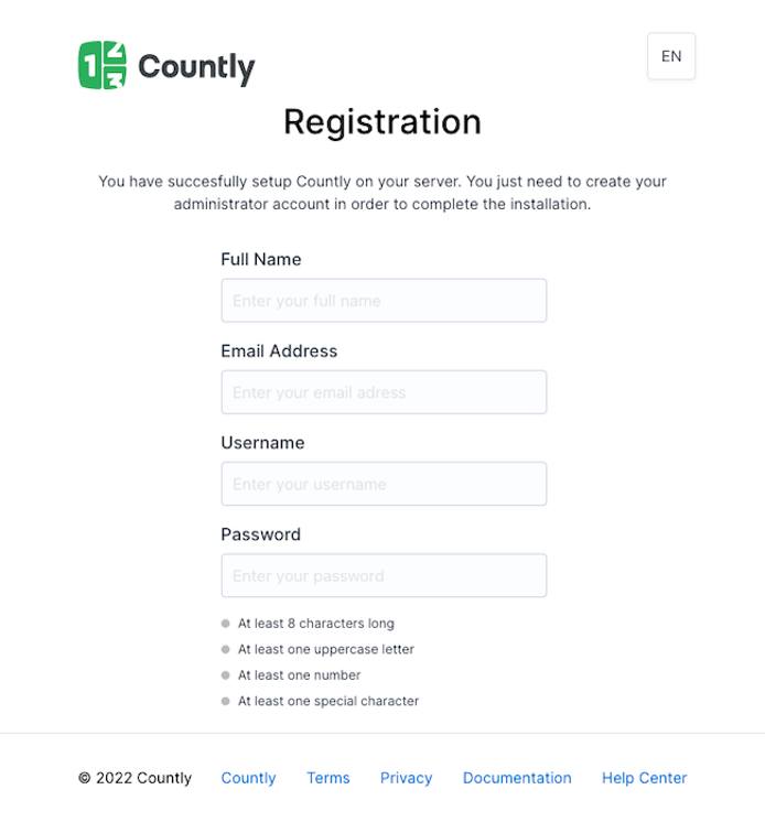 Countly registration page