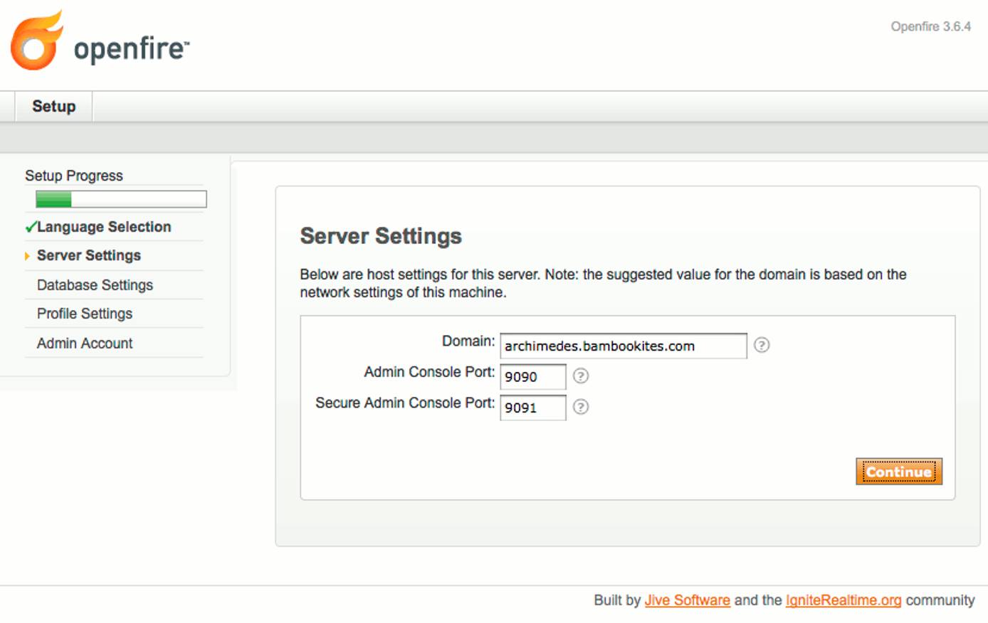 Domain and admin ports selection in Openfire setup on Debian 6 (Squeeze). Domain and admin ports selection in Openfire setup on Debian 6 (Squeeze).