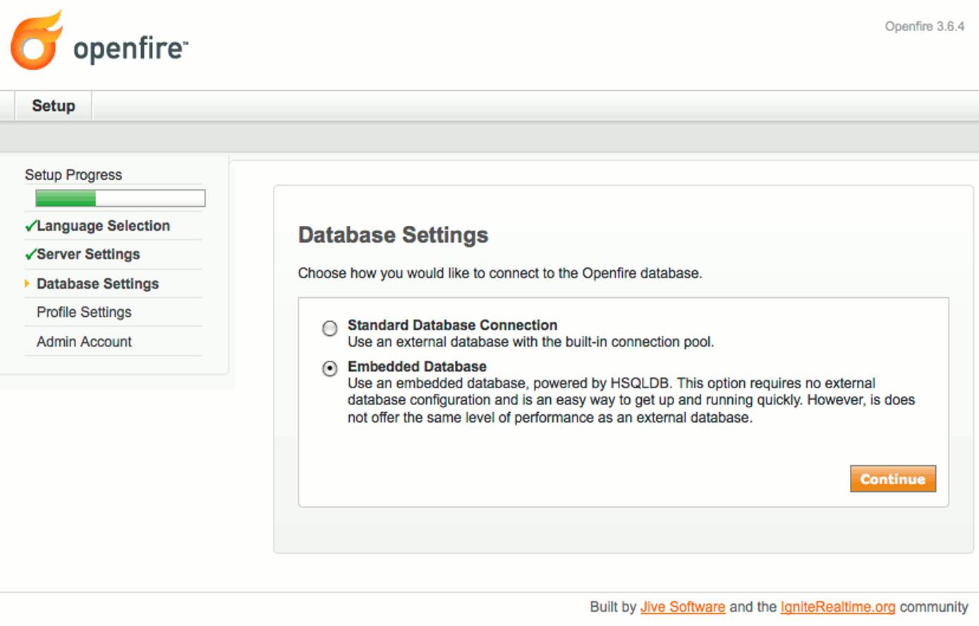Database type selection in Openfire setup on Debian 6 (Squeeze). Database type selection in Openfire setup on Debian 6 (Squeeze).
