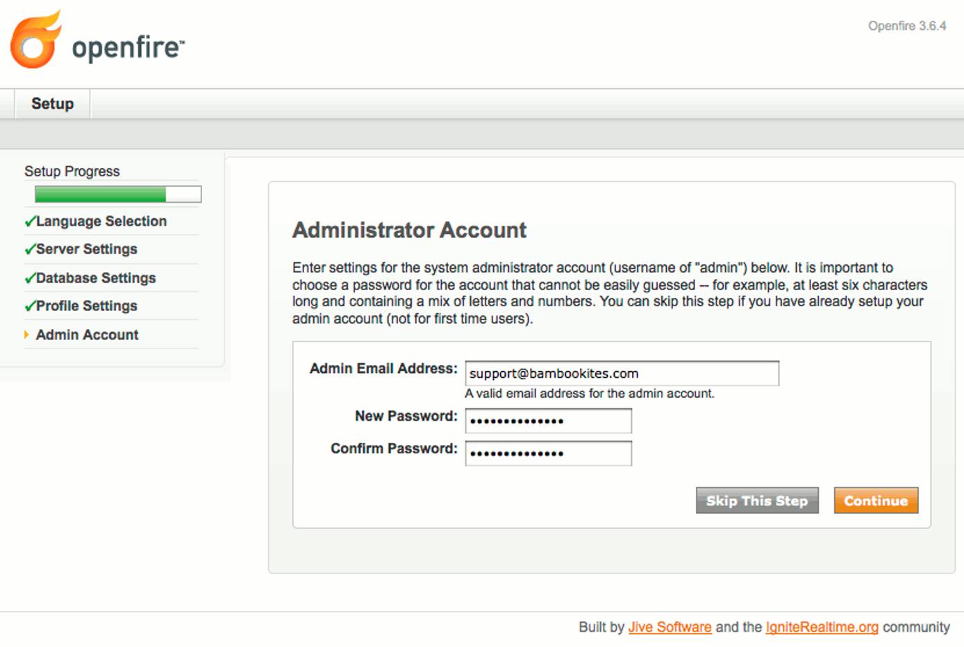 Administrator account settings in Openfire setup on Ubuntu 9.04 (Jaunty). Administrator account settings in Openfire setup on Ubuntu 9.04 (Jaunty).