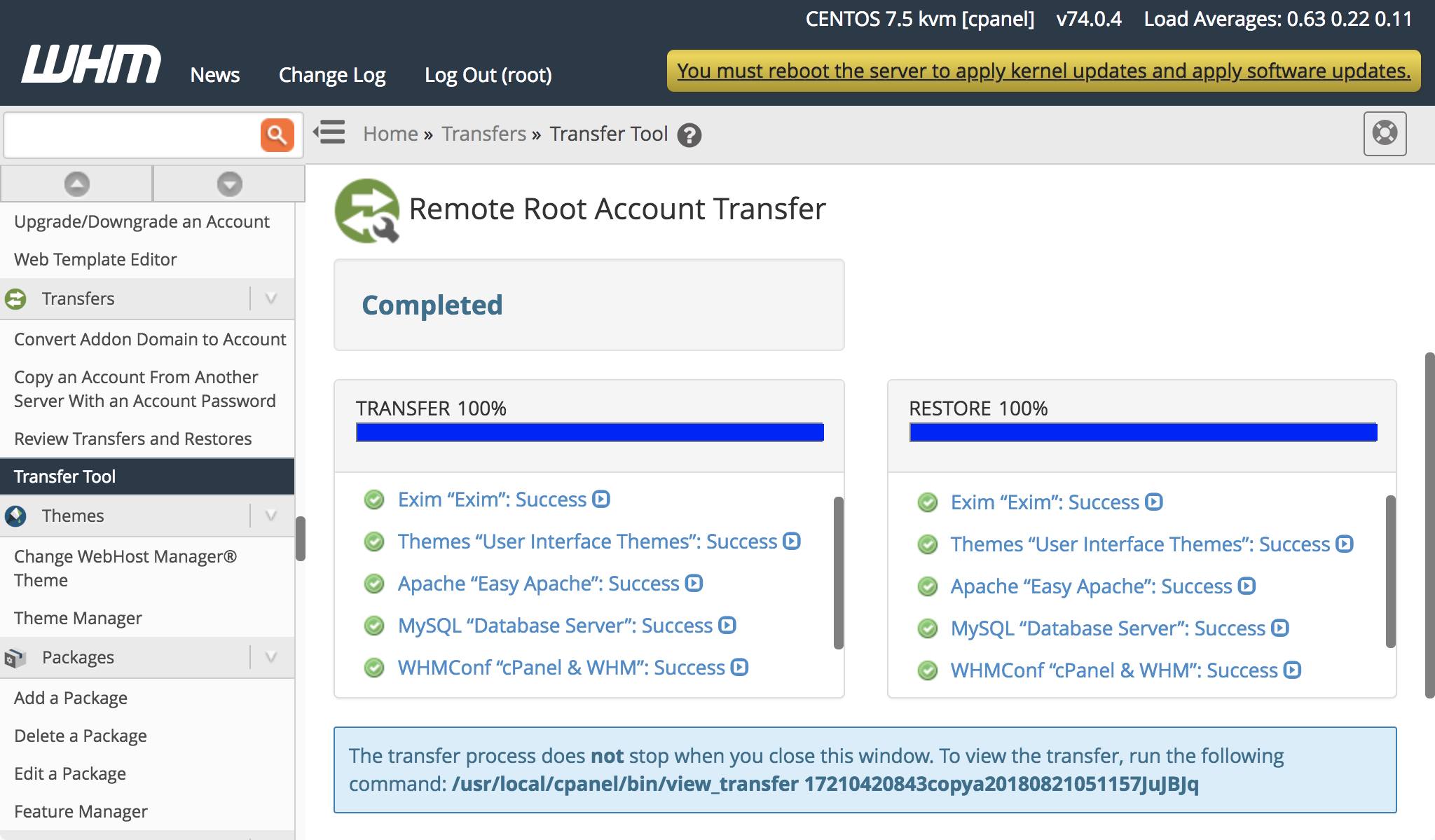 WHM Transfer Tool - transfer progress information. WHM Transfer Tool Progress Information