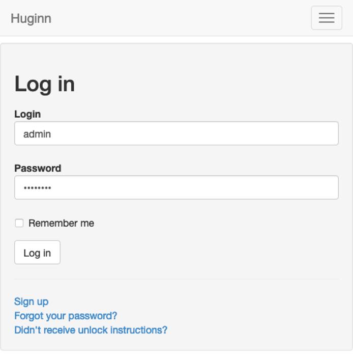 Huginn login page Huginn login page