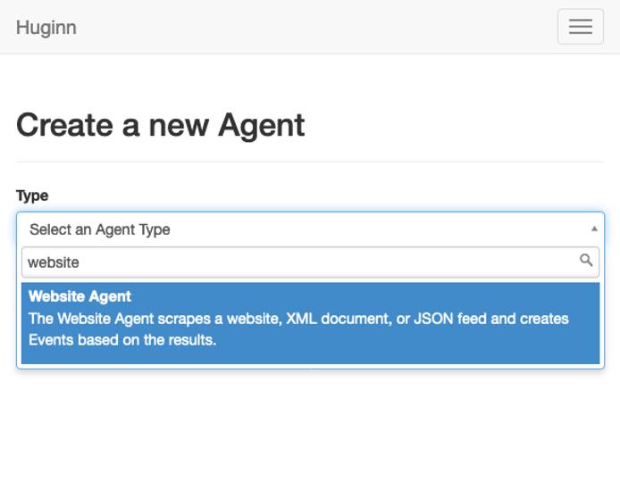 Selecting a Huginn agent type Selecting a Huginn agent type