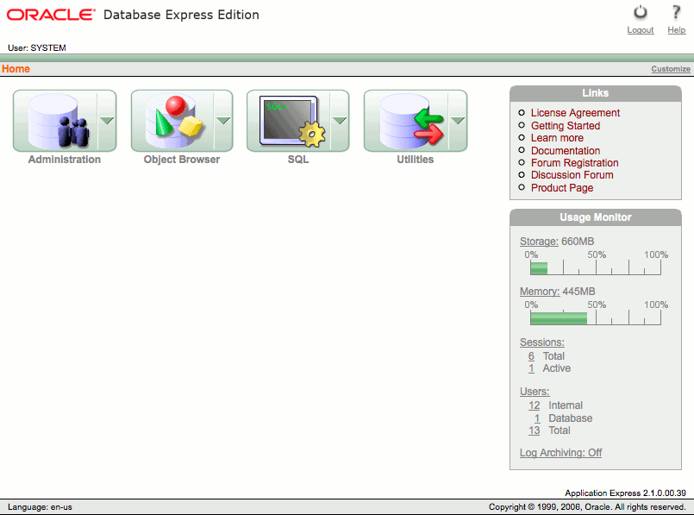 The Oracle XE administration home page. The Oracle XE administration home page.