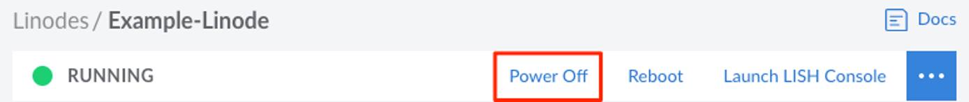 Screenshot of a Linode Details page with the Power Off button highlighted Screenshot of a Linode Details page with the Power Off button highlighted