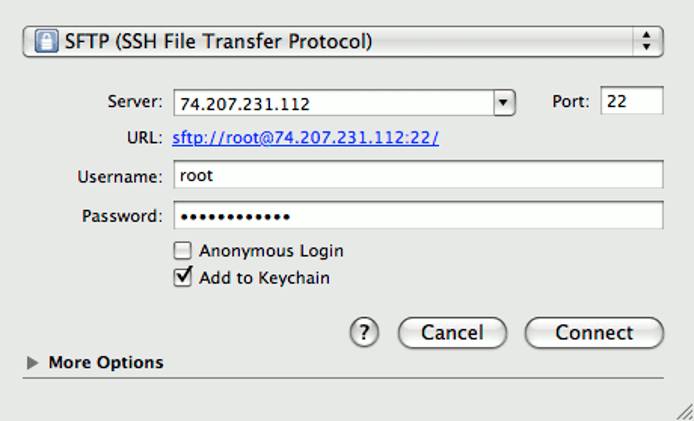 Connection details in Cyberduck on Mac OS X. Connection details in Cyberduck on Mac OS X.
