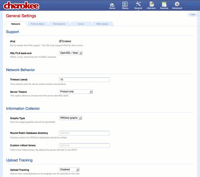 Network tab on the general page of the Cherokee admin panel on Fedora 13. Network tab on the general page of the Cherokee admin panel on Fedora 13.