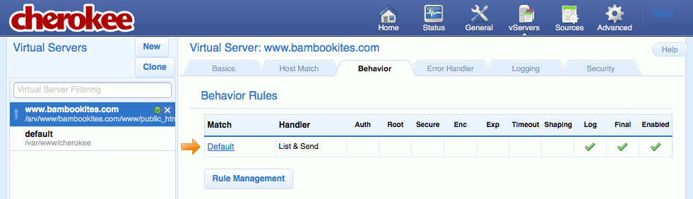 The “Behavior” tab on the “vServers” page of the Cherokee admin panel on Fedora 13.
