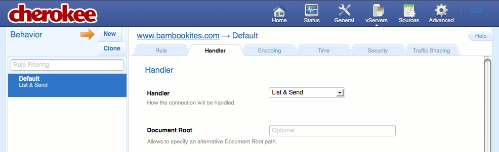 The “Handler” tab on the “vServers” page of the Cherokee admin panel on Fedora 13.