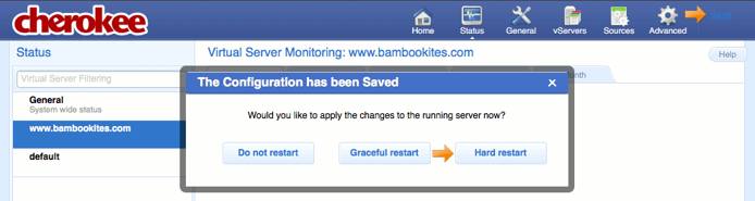 Saving changes and restarting the web server in the Cherokee admin panel on Fedora 13. Saving changes and restarting the web server in the Cherokee admin panel on Fedora 13.