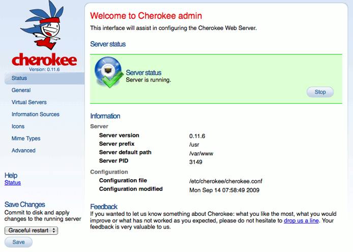 The cherokee-admin web server administration interface running on a Linode. The cherokee-admin web server administration interface running on a Linode.