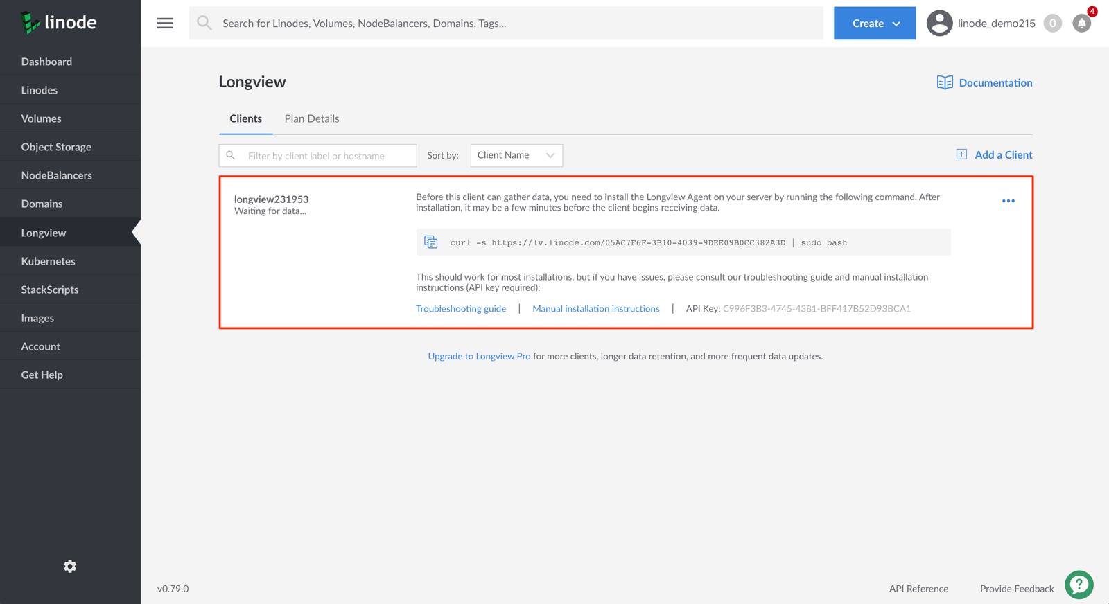 Linode Cloud Manager Longview Clients list