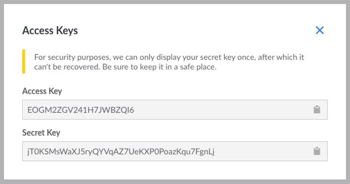 The access key and secret key displayed within the Cloud Manager The access key and secret key displayed within the Cloud Manager